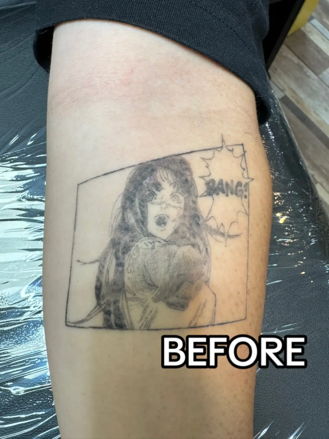 Customer came in with this messed up csm panel an apprentice tried to do and took the 6 hours so I decided to fix it and took me less then 2 hours. #anime #tattoo #animetiktok #chainsawman #yoru 