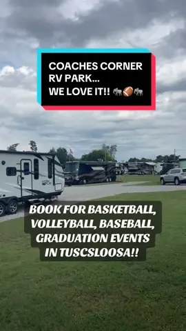 We do our game day tailgating and camping at COACHES RV PARK in Tuscaloosa!! WE LOVE IT HERE!! You can reach them at Coaches Corner Rv Park online! 