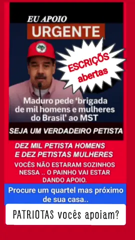 ATENÇÃO!  TODOS PETISTAS E APOIADORES DO LULA E MADURO... CONVOCAÇÃO PRA LUTAR CONTRA OS AMERICANOS. ORDEM DO MADURO .. TODOS OS PETISTSS SEM EXCEÇÃO. Eu como um bom brasileiro .. fico torcendo por vcs.. 🇺🇲🤛💣🤜🇧🇷