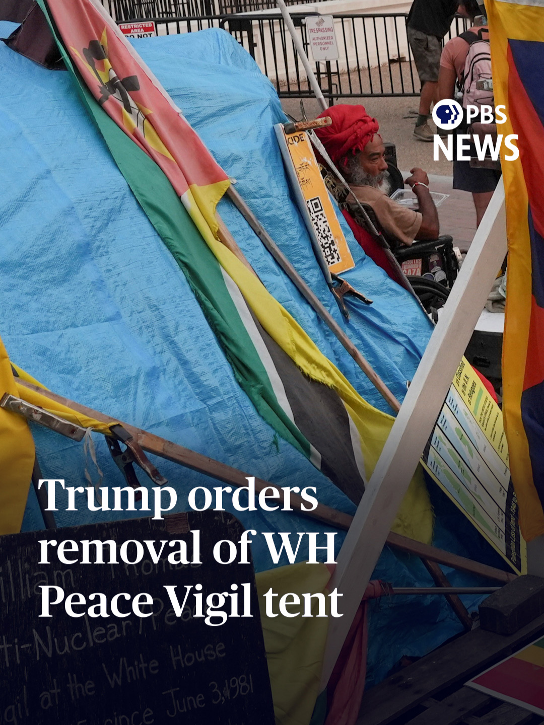 On Friday, President Donald Trump ordered the immediate removal of a peace vigil tent that has stood outside the White House since 1981. Trump was speaking with reporters in the Oval Office after signing an executive order to rebrand the Department of Defense as the Department of War, when Brian Glenn, a correspondent for the conservative outlet Real America’s Voice, asked the president about the tent. 
