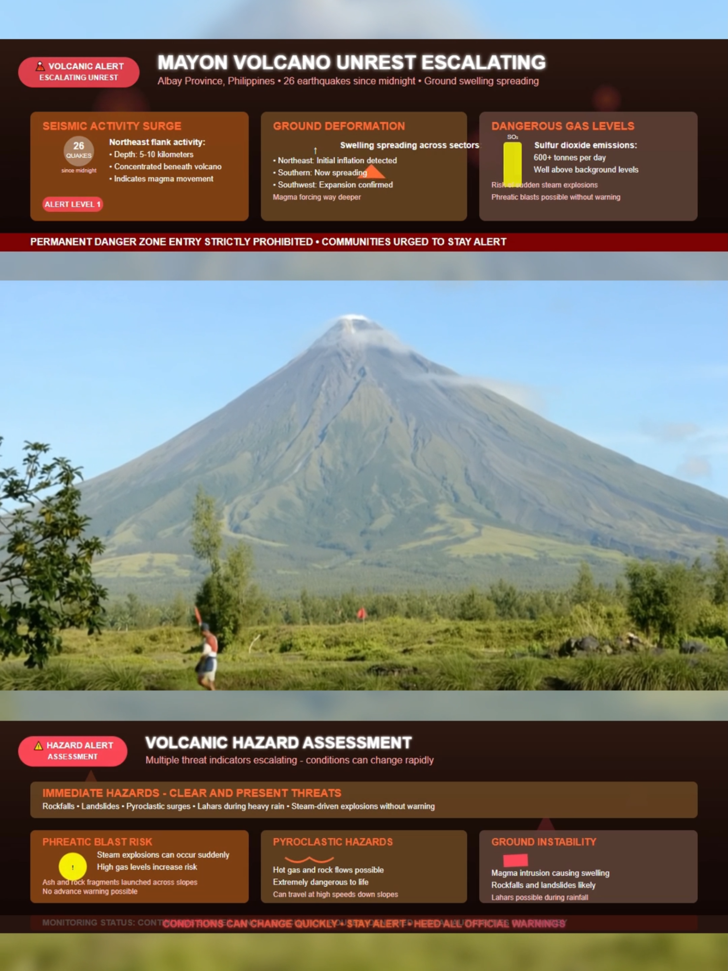🚨🌋 MAYON VOLCANO ALERT -  ALBAY, PHILIPPINES 🌋🚨 In Albay, Luzon, Mayon Volcano is showing dangerous signs of escalation today. Since midnight, twenty six volcanic earthquakes have been recorded beneath its northeast flank. Instruments confirm the slopes are swelling on multiple sides, and sulfur dioxide gas has surged to more than six hundred tonnes per day. PHIVOLCS reports that this combination of quakes, gas spikes, and deformation could trigger sudden steam driven explosions at the summit without warning. Rockfalls, ash blasts, and lahars remain serious threats around the volcano. #MayonVolcano #Philippines #VolcanoAlert #AboveTheNormNews