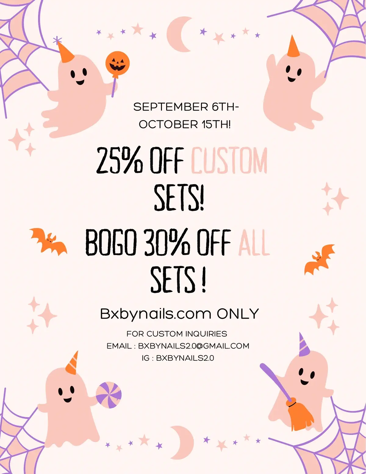 Please message me with any questions or custom inquiries! This deal ends October 15th!  Bxbynails.com to order 🧡🦇 #pressonnails #halloweennails #acrylicpressons #customnails #nails 