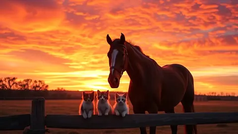 Horse & Kittens: Unlikely Farm Friends #kittens #horse #horses #4k #farm #sunset #Love #equine #cats #nature @horses lovers @horses lovers @horses lovers 