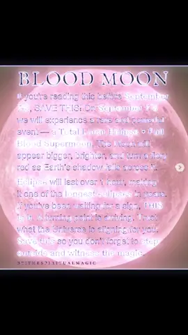 Blood Moon September 7th 2025🌚 for 1 hour and 22 minutes the moon will slip behind the Earth 🌎 the moon will seem bigger and brighter and turn a bright, fiery red 😻 this will be visible to almost all of the world🫶🏼 if you’ve been waiting for a sign, this is it 😎 #bloodmoon #september #september7 #lunareclipse 
