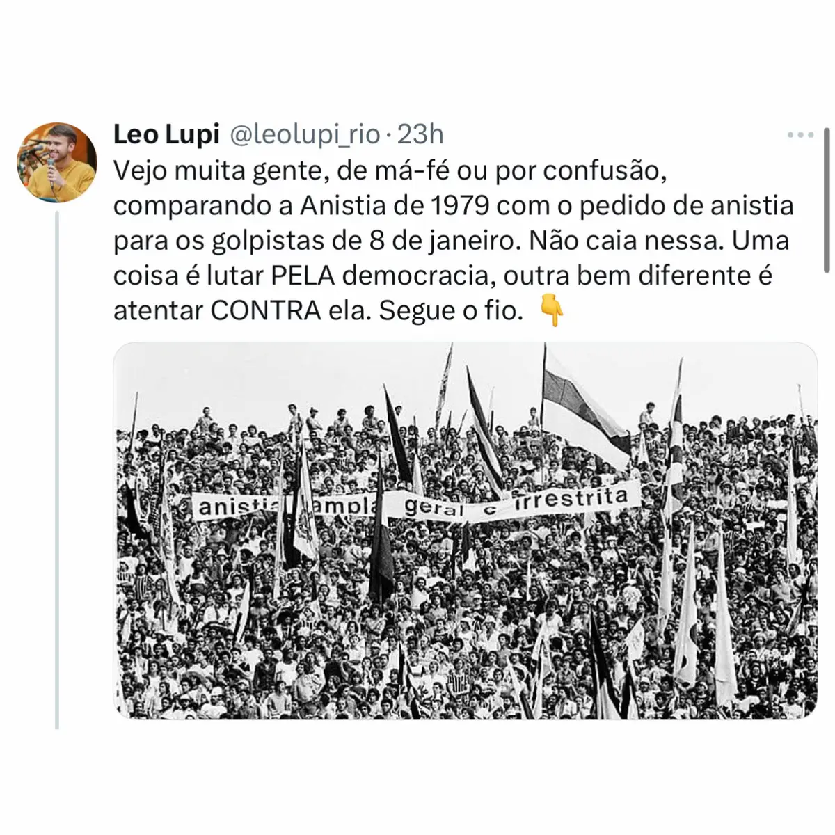 Vejo muita gente, de má-fé ou por confusão, comparando a Anistia de 1979 com o pedido de anistia para os golpistas de 8 de janeiro. Não caia nessa. Uma coisa é lutar PELA democracia, outra bem diferente é atentar CONTRA ela. Segue o fio. 👇