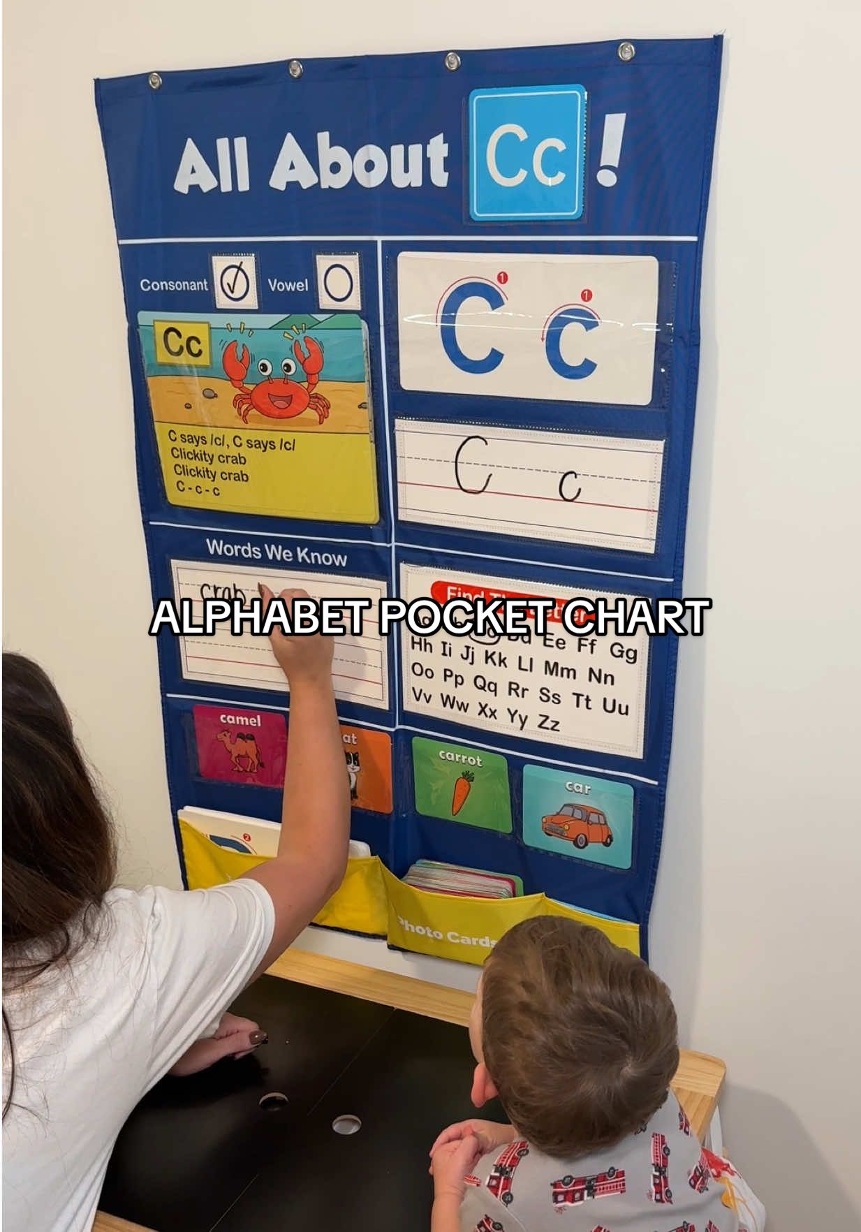 We have been loving our alphabet pocket chart!!! Trying to implement good reading/writing skills at home is so important! 🥰 #alphabet #toddlerlearning #toddleractivities #homeschooling #educationaltoys 