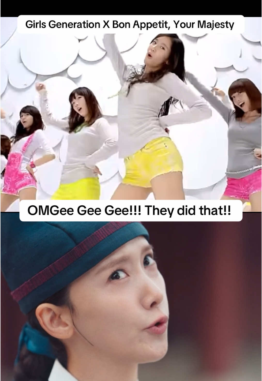 Girls’ Generation ‘Gee’ meets Bon Appetit, Your Majesty 16 years after this song was released!!!! Or should I say, Gee also traveled to the past?  OR… maybe this is where Gee was born?! So many possible interpretations!!! Aaaahhhhh!!! I just can’t right now!!!  #kdrama #kpop #bonappetityourmajesty #girlsgenerationgee #editsbyimo 