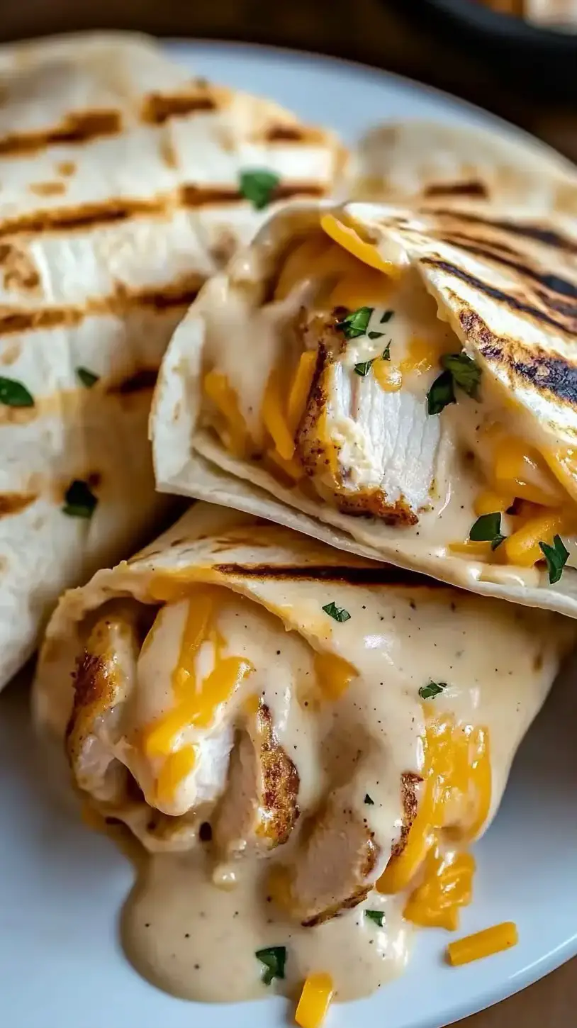 Ingredients: 2 cups cooked chicken (shredded) 1/2 cup garlic aioli 1 cup cheddar cheese (shredded 4 large tortillas Salt and pepper to taste   Cook Mode Prevent your screen from going dark Instructions: Mix Chicken: Combine shredded chicken with garlic aioli in a bowl. Season with salt and pepper. Assemble Wraps: Place chicken mix and cheddar cheese on each tortilla. Wrap: Fold tortillas tightly around the filling. Grill: Heat wraps in a skillet over medium heat until golden and cheese melts. Serve: Slice and enjoy warm. Notes Nutrition Information (per serving): Calories: 450 Fat: 18g Saturated Fat: 7g Cholesterol: 90mg Sodium: 800mg Carbohydrates: 40g Fiber: 3g Sugar: 3g