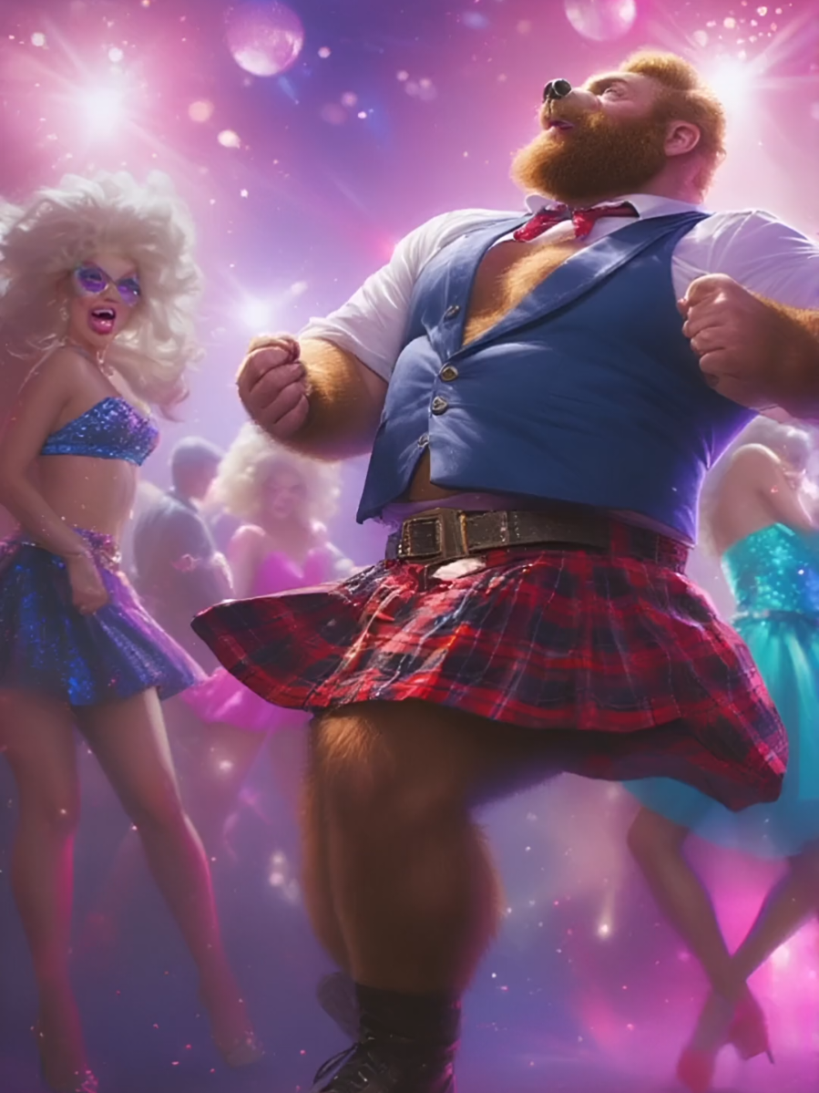 Dancing with the drag queen sometimes feels like magic 💫You ever tryed to be a drag queen ? i did sometimes. Especially with a lot of kilts 🤗#dragqueen #SelfCare #disco #havingfun #fiesta #drag #colour #bear #ai #slowmotion #night #lights #man #cosplay #kilt #orange #muscle #tiktokstudio 