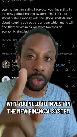 you’re not just investing in #crypto, your investing in the new global #financial system.  This isn't just about making money with this #global shift its also about keeping you out of serfdom which many will find themselves in as we move towards an economic singularity. Buy #Bitcoin. Buy #Ethereum. Just buy and hodl for the long term. A change is happening right now. 