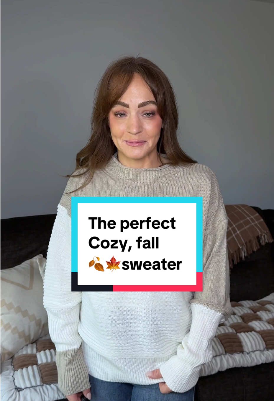 Effortlessly cozy 🤍☕ This two-tone knit is giving me all the fall layering vibes—soft, relaxed, and perfect with denim. Would you wear it in this shade or go bold with another color? 🍂✨ #fallfashion #cozysweater #tiktokshoprestock #sweater 