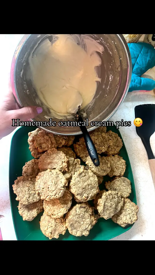 For the Cookies •1 cup unsalted butter softened •¾ cup firmly packed light brown sugar •½ cup granulated sugar •2 large eggs •1 teaspoon pure vanilla extract •1 ½ cups all-purpose flour •1 teaspoon baking soda •1 teaspoon ground cinnamon  •½ teaspoon salt •3 cups old fashioned oats   Cream Filling •¾ cup unsalted butter softened •2 ½ cups confectioners sugar  •1 teaspoon pure vanilla extract •1 tablespoon milk or half and half -Preheat oven 350° line cookie sheets with parchment paper  -Cream together butter+sugars until fluffy. Add eggs+vanilla-MIX  -Whisk together flour,  baking soda, cinnamon+salt  -slowly add flour to wet ingredients-mix  -add in oats. Mix  -small cookies- 1.5 TBS of dough bake 10-12 mins  -rest 5 mins then move to wire rack- cool completely  FILLING  -beat butter a few mins  -slowly add powdered sugar completely incorporate -add vanilla+milk-MIX  -beat for 5 mins add more liquid if needed.  -spread cream on one cookie top with the other. 