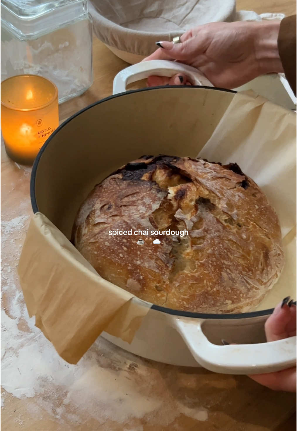 pt 1 of turning fall drinks into sourdough 😌🍂 🌾 Dough Ingredients: * 50g active sourdough starter * 350g water * 500g bread flour * 10g salt 🧈 Chai Spice Butter: * 1/4c softened unsalted butter * 1/4c dark brown sugar * 1 1/2 tsp ground cinnamon * 1/2tsp ground ginger * 1/4tsp ground cardamon * 1/8tsp ground nutmeg * 1/8tsp cloves * 1/8tsp allspice 🫖 (Optional) Chai Water: Steep 2 chai tea bags (or 1 tbsp loose chai) in 400g boiling water. Let cool. Measure 350g for dough. ⸻ 📝 Method: 1. Mix Dough: Combine starter, water, salt & flour. Let rest 30–45 mins. 2. Bulk ferment 4–6 hrs @ room temp with 3–4 stretch & folds ever 30mins 3. While fermenting, mix the spiced butter swirl and set aside. 4. After bulk, lightly flour surface, gently stretch dough into a rectangle. 5. Spread spiced butter across dough. Roll up like a jelly roll (or letter fold for more even swirl). 6. Rest 20 mins, shape into boule or batard. 7. Cold proof overnight (8–12 hrs). 8. Bake at 450°F in Dutch oven: 20 min covered + 20 min uncovered. 9. Cool completely before slicing (the swirl makes it extra soft!) #Fallbaking #sourdough #chai #fallrecipe #bakingrecipe @King Arthur Baking @Sur La Table 