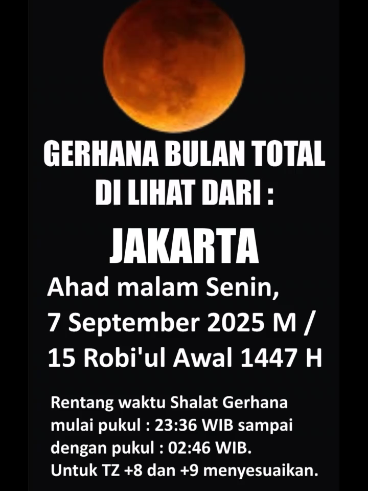 Gerhana Bulan Total Di Lihat Dari Jakarta. Fenomena Gerhana Bulan Totalakan menghiasi langit pada 7–8 September 2025. Proses gerhana dimulai pada 7 September pukul 23:26:58 WIB dan berlangsung hingga 8 September pukul 02:56:27 WIB, sehingga keseluruhan peristiwa ini memiliki durasi sekitar 3 jam 29 menit 29 detik. #GerhanaBulanTotal #GerhanaBulan2025 #Gerhana7September2025 #FenomenaLangit #Eclipse2025 #TotalLunarEclipse #jakarta #dkijakarta #gerhanajakarta #LangitMalam #Astronomi #fyp #fypシ #fypdong #viral #trending