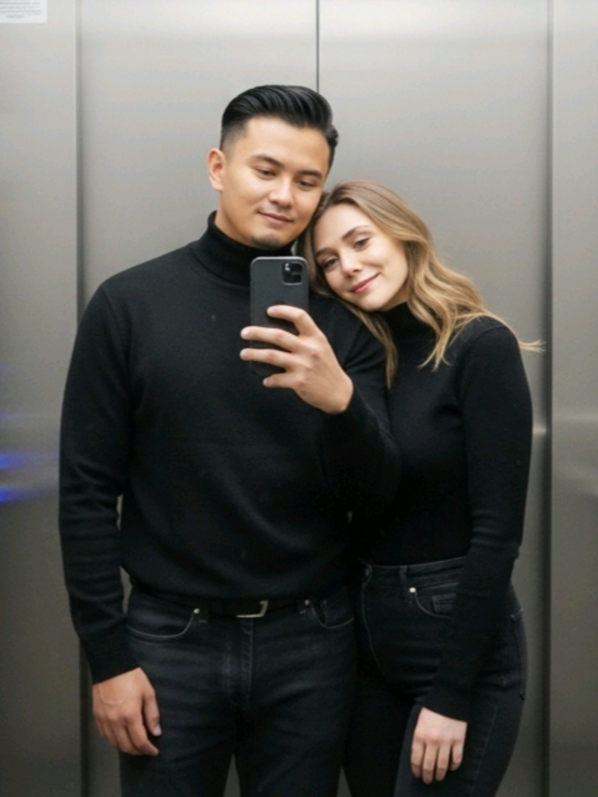 Menyala 🔥🔥🔥 Pergi buat masuk prompt ni Combine these two photos. They're in a modern elevator, posing for a selfie in front of the mirror. The faces of the man and woman in the merged photos are clearly visible, dressed in couple outfits. The atmosphere is bright, with natural lighting from the ceiling lights. The style is relaxed and modern. Ultra-realistic portrait of the exact same face from the uploaded photo (100% facial fidelity preserved). Size 3:4 #ai #CapCut #gemini #kontenai #prompt 