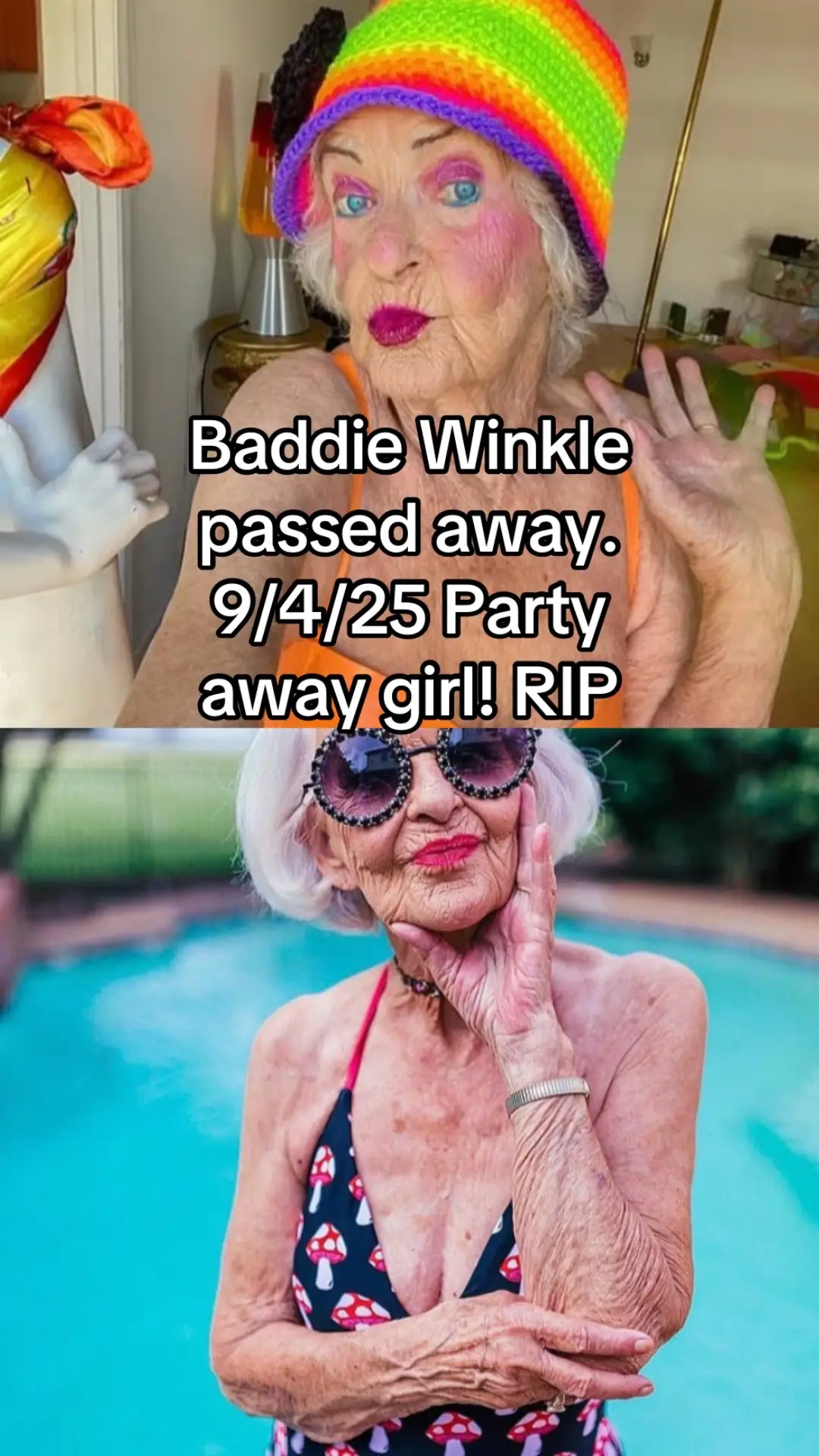 She passed away 9/4/25. I hope I’m this bold and fearless until the end!! You Glo Girl. We will miss your spunk and all the colors #baddiewinkle #rip 