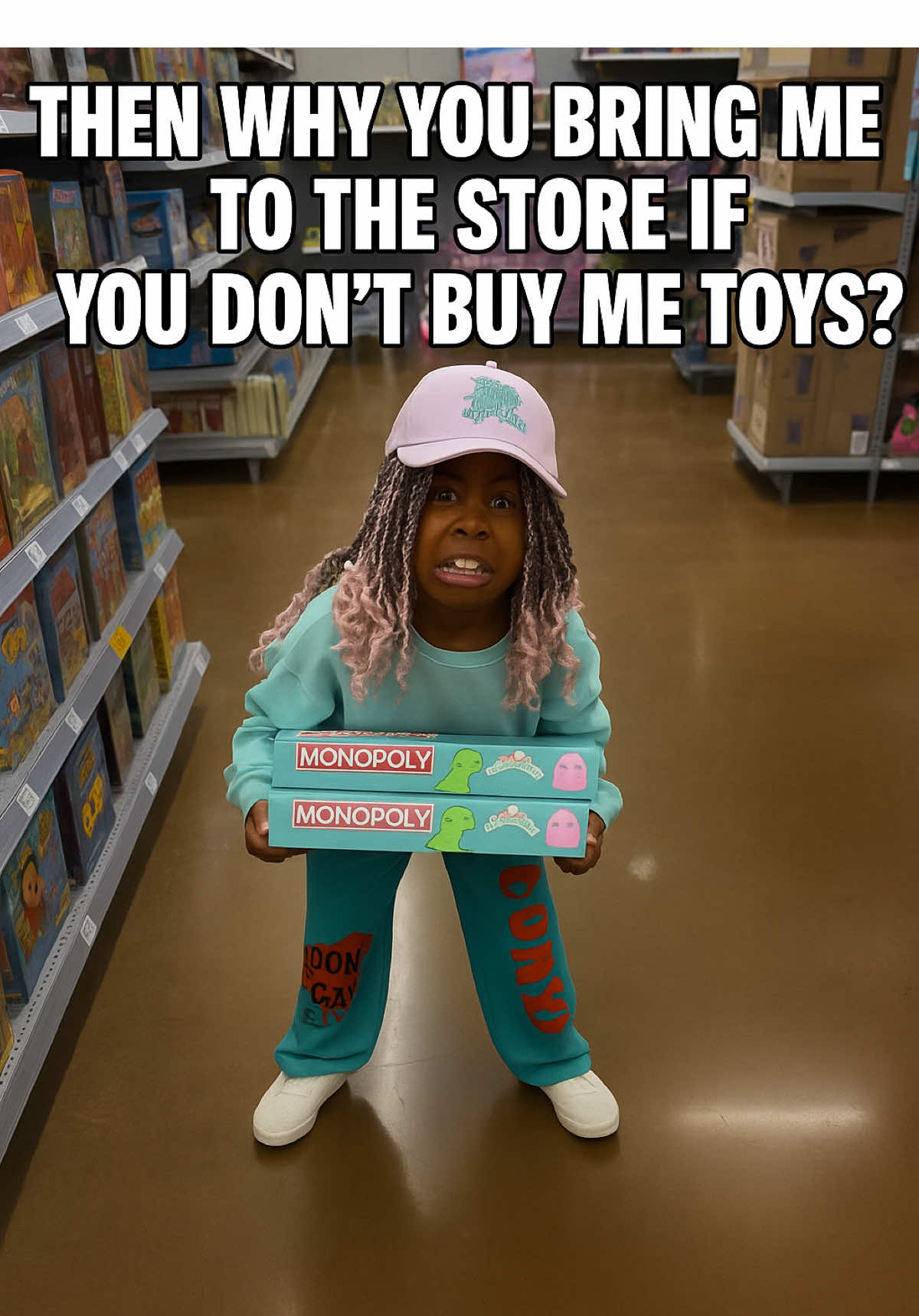 At Walmart 🛒 she spotted the Monopoly game 🎲… I said no but then came the silly walk + spin 💃🏽🌀 and the classic question: “Why bring me if you don’t buy toys?” 😂 In the end… she got it! #walmartshopping #monopoly #momlife #FamilyFun #shoppingchallenge 