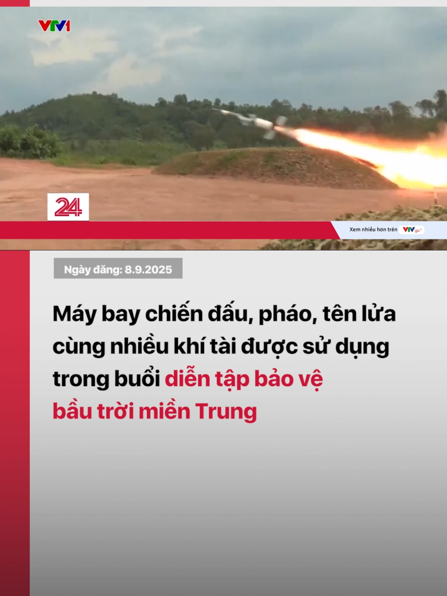 Với quân số lên đến hàng nghìn người cùng hàng trăm đơn vị vũ khí, khí tài hiện đại, đây là cuộc diễn tập lớn nhằm nâng cao trình độ tổ chức chỉ huy, hiệp đồng chiến đấu cho các Sư đoàn Phòng không - Không quân miền Trung. Đồng thời bổ sung các phương án tác chiến, sát với yêu cầu bảo vệ Tổ quốc trong tình hình mới. #vtv24 #vtvdigital #tiktoknews #mientrung #dientap