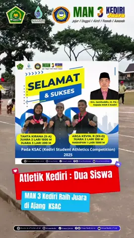 Dua siswa Madrasah Aliyah Negeri (MAN) 3 Kediri kembali menorehkan prestasi gemilang di ajang Kediri Student Athletics Competition (KSAC) yang digelar hari ini, Minggu (7/9), di Lapangan Canda Birawa, Pare, Kediri. Keduanya berhasil meraih gelar juara di nomor lari, mengharumkan nama madrasah di tingkat kabupaten. Prestasi ini diraih oleh Tahta Kirana dari kelas X A dan Arga Kevin Rahmatulloh dari kelas XII G. Kompetisi dimulai sejak pukul 07.00 WIB dengan babak penyisihan. Tahta Kirana mengawali perjuangan di nomor lari 200 meter putri, sementara Arga Kevin Rahmatulloh berlaga di lari 100 meter putra pada pukul 10.00 WIB. Ketangguhan mereka terbukti, saat keduanya berhasil melaju ke babak final. Pada babak final yang berlangsung di hari yang sama, Tahta Kirana kembali menunjukkan performa terbaiknya di nomor lari 200 meter putri pada pukul 15.05 WIB. Disusul oleh Arga Kevin Rahmatulloh di nomor lari 100 meter putra pada pukul 15.45 WIB. Keberhasilan mereka di babak penyisihan bukan hanya kebetulan, melainkan hasil dari kerja keras dan latihan yang tekun. Tidak hanya sukses di satu nomor, kedua siswa ini juga memborong beberapa gelar juara lainnya. Tahta Kirana berhasil meraih juara 2 di nomor lari 1.500 meter putri dan juara 3 di lari 200 meter putri. Sementara itu, Arga Kevin Rahmatulloh juga tidak kalah cemerlang, berhasil menjadi juara 2 di lari 100 meter putra, sekaligus menempati posisi keempat untuk lari 1.500 meter. Keberhasilan mereka disambut hangat oleh pihak madrasah. Pendamping lomba, Hilmi Ubaidilah, menyampaikan rasa syukurnya atas prestasi yang dicapai oleh anak didiknya. “Kami sangat bersyukur atas hasil ini. Kerja keras mereka terbayar lunas. Ini menjadi motivasi bagi siswa lain untuk terus berprestasi,” ujarnya. Apresiasi juga disampaikan oleh Kepala MAN 3 Kediri, “Keberhasilan ini tidak lepas dari dedikasi dan latihan yang tekun. Kami mengapresiasi semangat juang mereka yang telah mengharumkan nama madrasah di ajang Kediri Student Athletics Competition.”ujar Jamiluddin. Penyerahan medali dilaksanakan pada pukul 17.00 WIB, menjadi momen puncak perayaan atas kemenangan mereka. Prestasi ini sekali lagi menegaskan bahwa MAN 3 Kediri memiliki potensi atletik yang kuat dan mampu bersaing di kancah olahraga pelajar.(Humas) #man3kediri #man3juara #juaralari #KSAC #kementerianagama 