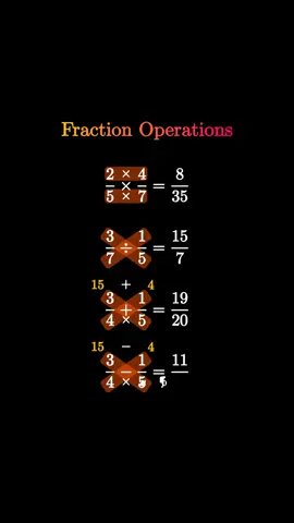 To perform operations with fractions, start by ensuring the denominators are the same for addition and subtraction. Once the denominators match, add or subtract the numerators while keeping the denominator unchanged, and simplify if possible. For multiplication, simply multiply the numerators together and the denominators together, then reduce the fraction to its simplest form. Division requires flipping the second fraction (taking its reciprocal) and then proceeding as you would with multiplication. Always simplify the final result to make it as concise as possible. #math #learning #fractions #animation #fyp 