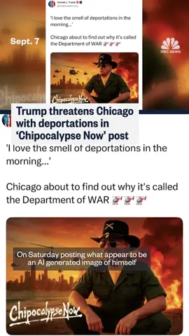 President Donald #Trump on Saturday posted what appeared to be an AI-created image of himself in front of the #Chicago skyline with helicopters, flames and the phrase “Chipocalypse Now.”