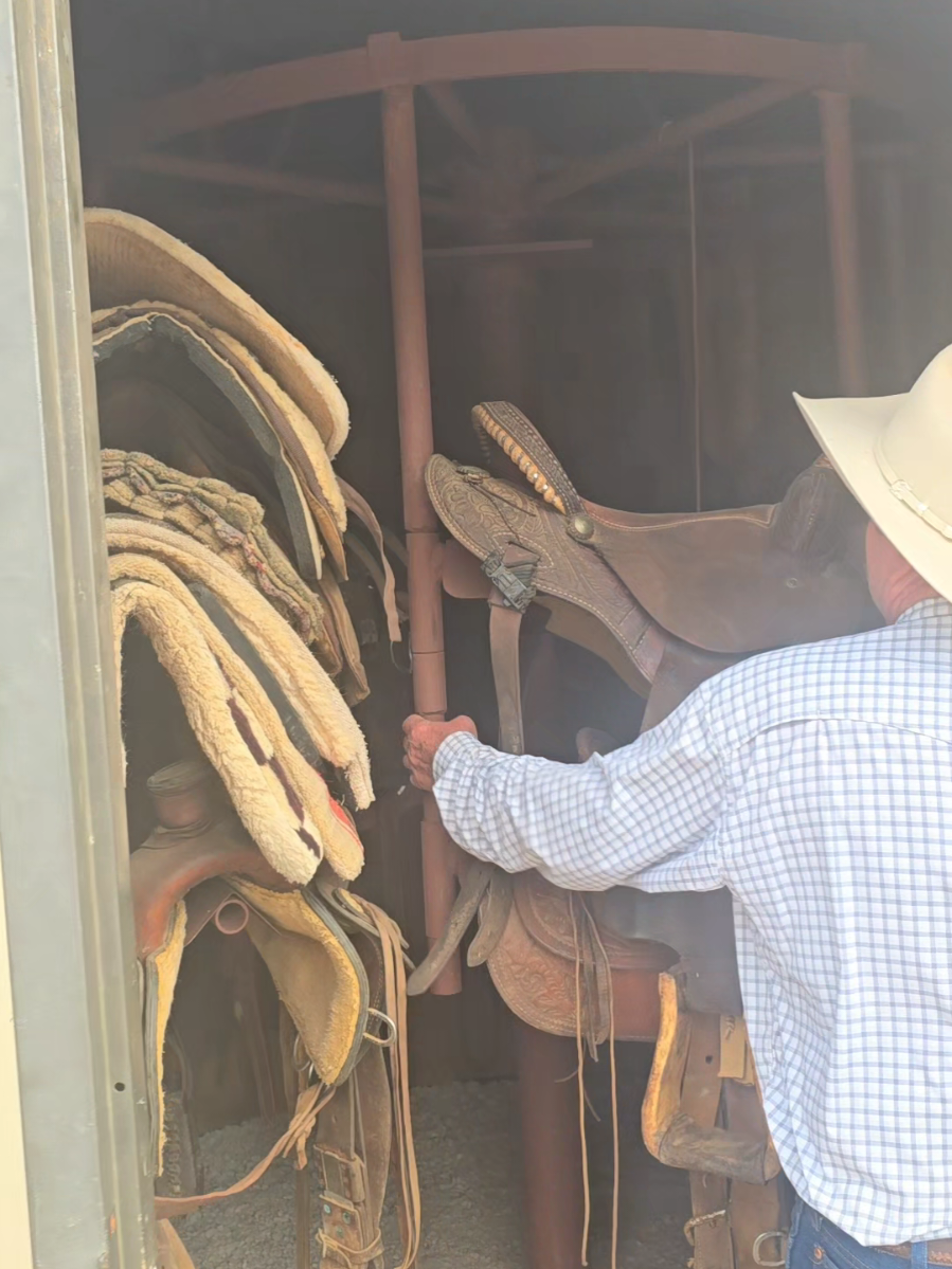 Hes about to retire and has materials for 5 more custom 16-place revolving saddle racks #customsaddleracks #cowboycool #oleson #youaintnocowboy 