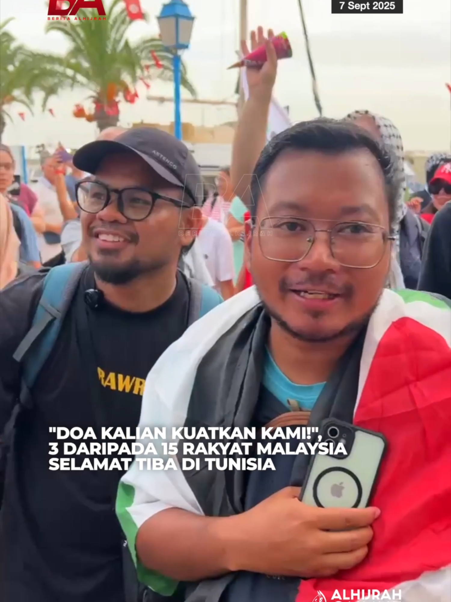 Alhamdulillah! Tiga daripada 15 rakyat Malaysia yang menyertai Global Sumud Flotilla selamat tiba di Tunisia selepas tiga hari berlayar dari Sepanyol, sekitar jam 6 petang Tunisia bersamaan 1 pagi Malaysia. Mereka adalah Musa Nuwayri, Ilyia Balqis dan Sul Aidil yang juga merupakan peserta mewakili Sumud Nusantara.