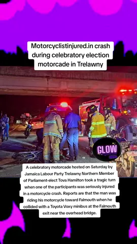 A celebratory motorcade hosted on Saturday by Jamaica Labour Party Trelawny Northern Member of Parliament-elect Tova Hamilton took a tragic turn when one of the participants was seriously injured in a motorcycle crash. Reports are that the man was riding his motorcycle toward Falmouth when he collided with a Toyota Voxy minibus at the Falmouth exit near the overhead bridge.#fypシ #fyp #jamaicatiktok #jamaicaviral #jamaicantiektokers🇯🇲viral 