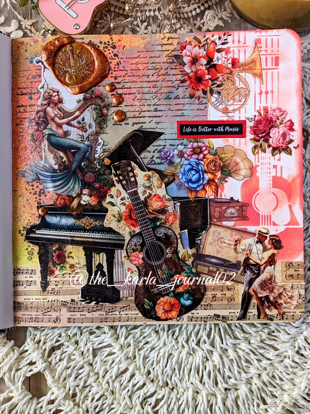 Replying to @bikerforlife79_wifey  ASMR Journal •|Music 🎵🎶 theme🎶📜 I used wonderful instrument music paper 🎹 🎶from @CoraCreaCrafts from the red collection, please check out those products 🌹🌹 . . . . . #journaling #asmr #tiktokshop #art #music 