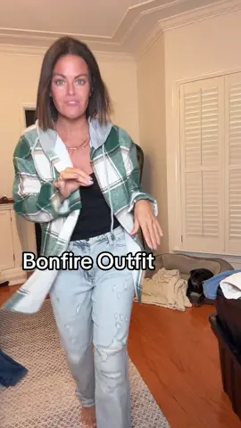 Fall bonfire outfit. Judy Blue jeans are midrise and distressed. Size down. Wearing a 1 (5'3 size 4). Top is seamless with built in bra but no pads. Wearing a small. Shacket is fleece lined, cozy, buttons down front. Wearing a small #sweaterweather #fallfashion #shacket #judybluejeans #tiktokcreatorpicks 