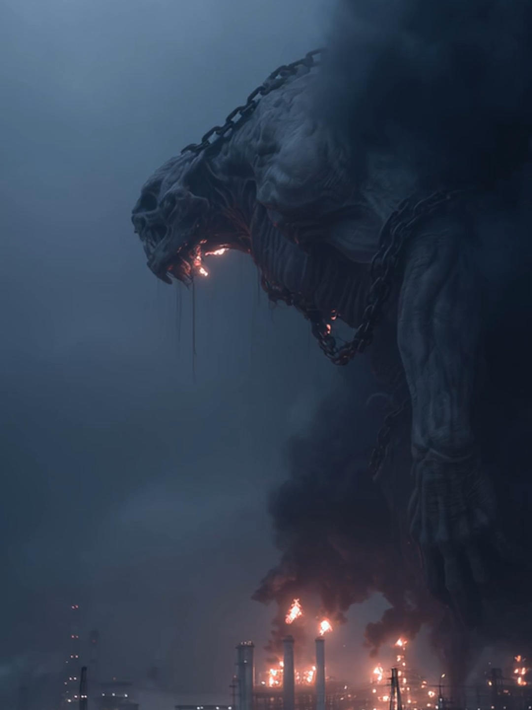 Not Godzilla… something worse 🏭👁️🔥 A giant born of smoke and steel looms over the city, fire burning where its soul should be. Would you fight… or just watch the end? 🌑 #MonsterReveal #AIArt #CinematicChaos #DarkCity #ConceptArt