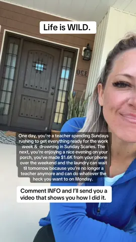 I sobered up. 😅  One year ago, Sundays were filled with lesson plans, laundry piles, and Sunday Scaries. Now? I’m sitting on my porch, enjoying a sneak of fall weather after a $1.6K weekend from my phone.  Life really can change when you finally stop ignoring that little voice telling you there has to be more. Because trust me: there is:  Comment INFO below and I’ll send you the exact video that shows how I did it. 💌  #makemoneyfromyourphone #formerteacher #teacherburnout #sundayscaries 