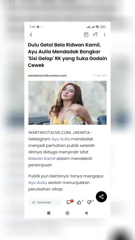 “DULU DILINDUNGI, SEKARANG TERBONGKAR! Ayu Aulia ungkap ‘sisi gelap’ Ridwan Kamil yang suka godain cewek, netizen heboh!” Fakta Utama 1. Pernyataan Ayu Aulia Ayu Aulia, selebgram dan model, mengungkapkan bahwa Ridwan Kamil pernah mengirim pesan genit dan bersikap mesra kepadanya melalui chat. Unggahan ini diposting di Instagram Story pada 7 September 2025, beserta bukti percakapan. Ia menegaskan bahwa perilaku ini tidak hanya terjadi padanya, tetapi juga kepada banyak perempuan lain. 2. Keterlibatan Publik dan Dukungan Sebelumnya Sebelumnya, Ayu dikenal sebagai pendukung Ridwan Kamil dan pernah membela mantan Gubernur Jabar terkait tuduhan dari Lisa Mariana. Tes DNA kemudian membuktikan bahwa Ridwan Kamil bukan ayah biologis anak Lisa Mariana. 3. Kekecewaan Ayu Ayu merasa kecewa karena Ridwan Kamil memilih berdamai dengan Lisa Mariana, yang menurutnya menyepelekan kehormatan dan citranya setelah dicoreng tuduhan. Alasan Ayu Membuka Fakta Ini 1. Menyampaikan Sikap Publik Figur Secara Objektif Ayu ingin publik lebih bijak menilai perilaku figur publik, terutama tindakan yang dianggap tidak pantas atau merugikan perempuan. 2. Menyampaikan Kekecewaan Pribadi Ia merasa kecewa dengan keputusan Ridwan Kamil yang mudah memaafkan pihak yang menudingnya, meskipun tuduhan terbukti salah. 3. Mengedukasi Publik Pernyataan ini juga dimaksudkan sebagai peringatan atau edukasi agar publik memahami bahwa figur publik tetap harus bertanggung jawab atas perilaku pribadi, termasuk dalam interaksi dengan perempuan. #SkandalRK #SisiGelapRidwanKamil #AyuAuliaBongkar #DramaPublikFigur #CewekHarusWaspada   