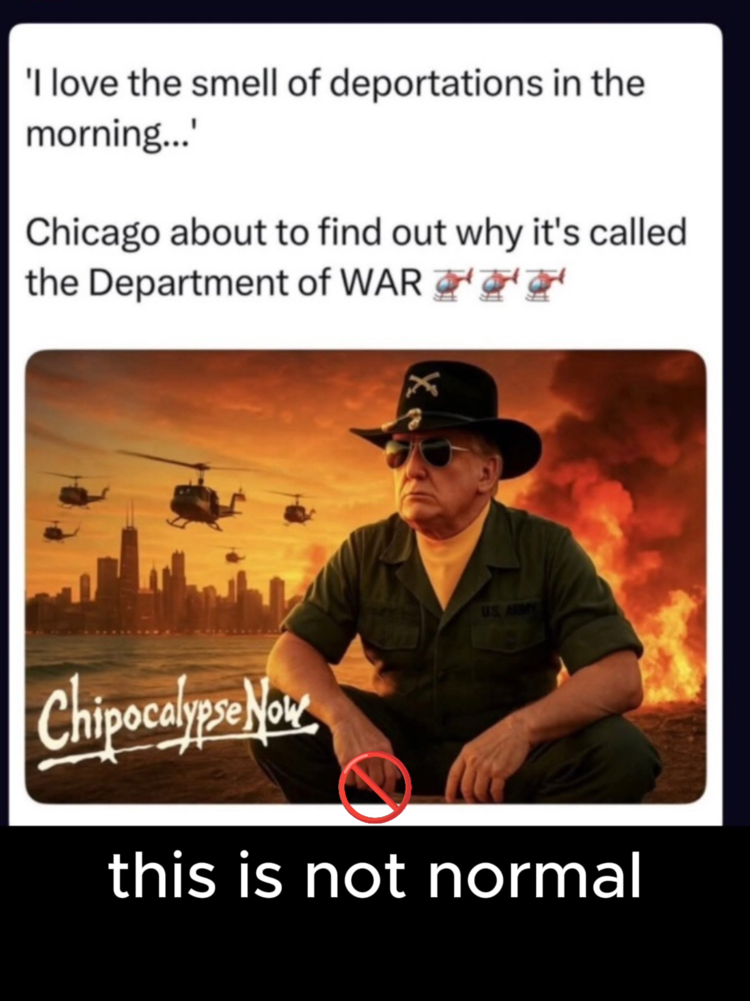 A sitting president threatening to wage war on an American city is NOT NORMAL!  #Chicago #Resist #nokings #nodictatorship