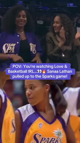 From the driveway to the W 🏀✨ Monica Wright forever… but tonight it’s Sanaa Lathan repping courtside 🤩💜💛 (Via @WNBA) #WNBA #sanaalathan #loveandbasketball #wbb #lasparks @Sanaa Lathan 