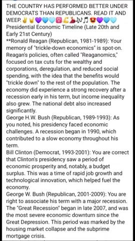 THE COUNTRY HAS PERFORMED BETTER UNDER DEMOCRATS THAN REPUBLICANS.✌️🤘💜💙🩵♀️💪💃🎶🎵😍💜💙🩵 ​Presidential Economic Timeline (Late 20th and Early 21st Century) ​**Ronald Reagan (Republican, 1981-1989): Your memory of 