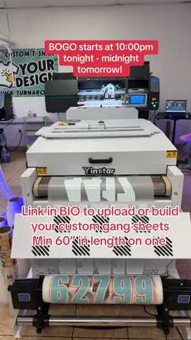🔥 It’s BOGO time! Buy 1 gang sheet, get 1 FREE! Ready-to-press designs to keep your business stocked & your customers happy 💯                                             #DTFTransfers #DTFPrinting #GangSheets #BOGO #CustomApparel #ShirtMakers #HeatPress