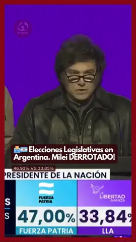 Con más del 82% de mesas escrutadas en Buenos Aires, los resultados marcan un triunfo para Fuerza Patria (46,93%) frente a La Libertad Avanza (33,85%). Tras conocerse la derrota, Javier Milei reconoció: 👉 “Hemos tenido una clara derrota y hay que aceptarlo”. Un resultado que reconfigura el panorama político argentino. ⚖️ #Argentina #Elecciones2025 #Milei #Peronismo #noticias