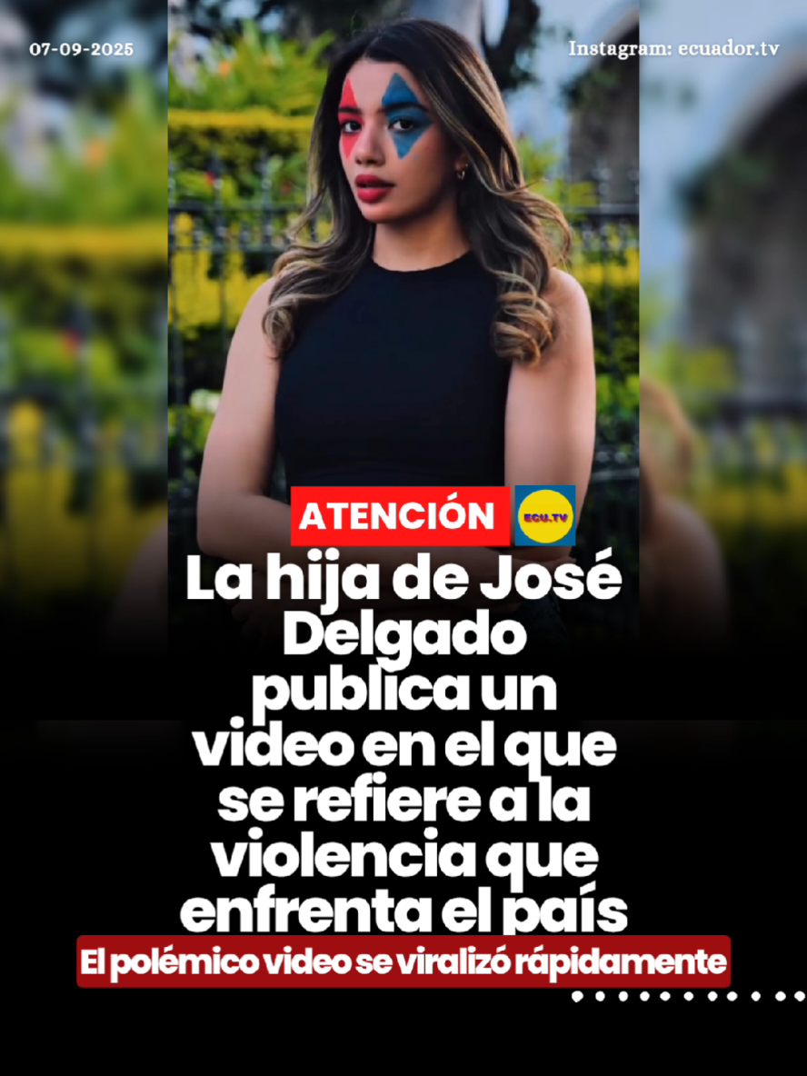 #ATENCIÓN | La hija de José Delgado publica un video en el que se refiere a la violencia que enfrenta el país 🚨. La hija del reconocido periodista José Delgado publicó un video en el que expresó su preocupación por la creciente violencia que atraviesa el país. En su mensaje, destacó que solo en los primeros cuatro meses de 2025 se han registrado más de 3.000 muertes violentas. La joven señaló que detrás de cada estadística hay una realidad que golpea a miles de familias ecuatorianas y, en especial, a los jóvenes que crecen en medio del miedo, la incertidumbre y la necesidad urgente de un futuro distinto. El video se viralizó rápidamente en redes sociales, donde recibió numerosos mensajes de apoyo y críticas, y abrió un debate sobre la crisis de seguridad que enfrenta Ecuador.