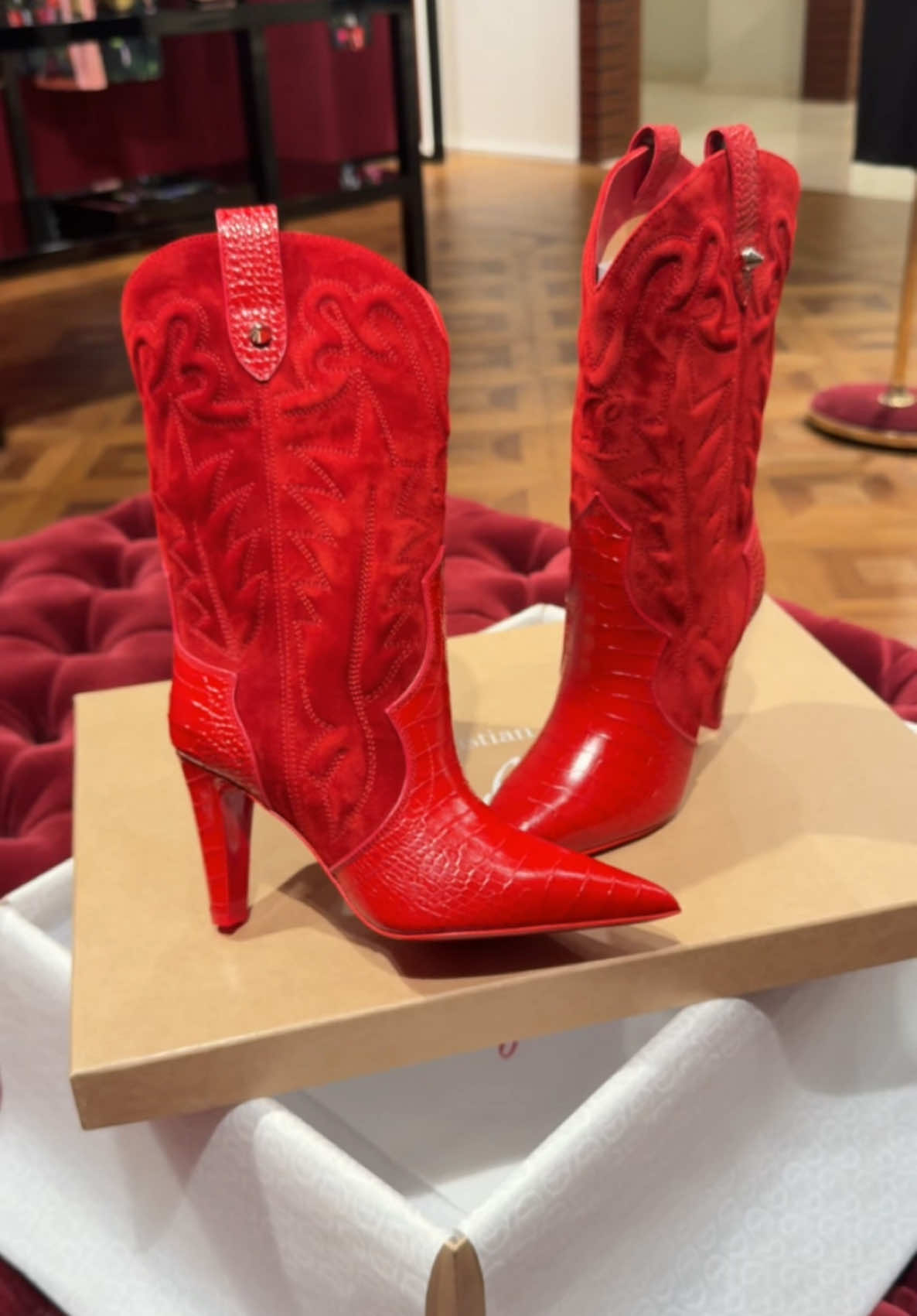Christian Louboutin 85MM Red Suede & Croc Embossed Leather “Santia” Bootie $2095 #ChristianLouboutin 