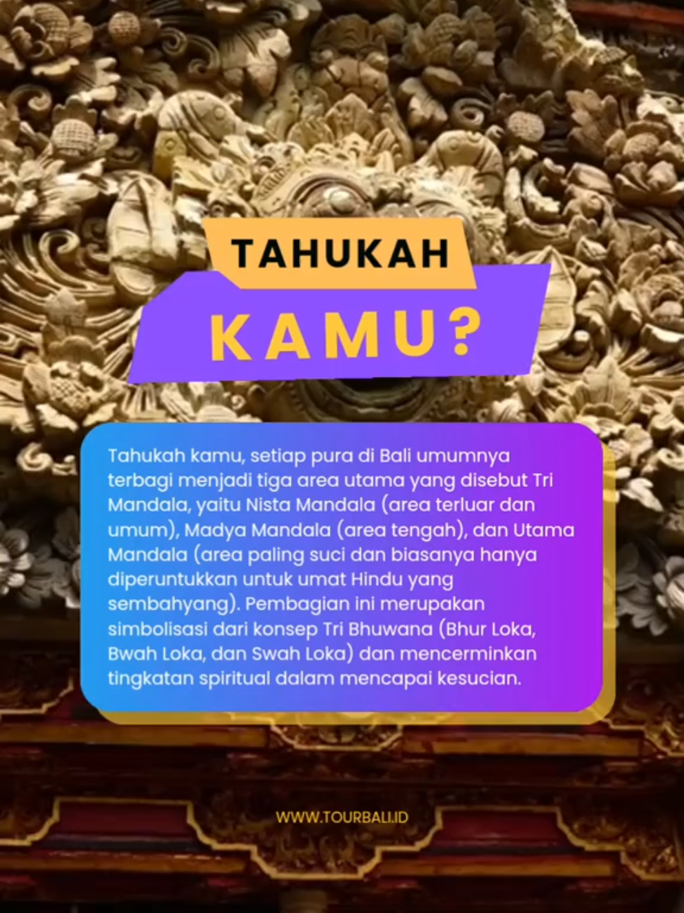 Tahukah kamu, setiap pura di Bali umumnya terbagi menjadi tiga area utama yang disebut Tri Mandala, yaitu Nista Mandala (area terluar dan umum), Madya Mandala (area tengah), dan Utama Mandala (area paling suci dan biasanya hanya diperuntukkan untuk umat Hindu yang sembahyang).  Pembagian ini merupakan simbolisasi dari konsep Tri Bhuwana (Bhur Loka, Bwah Loka, dan Swah Loka) dan mencerminkan tingkatan spiritual dalam mencapai kesucian. #infobali #wisatabali 