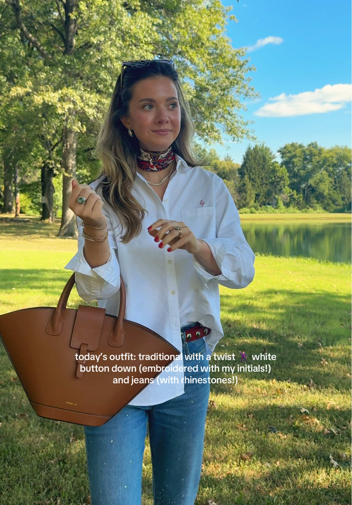 This has to be my ideal outfit at the moment! 🔗’d what i can on my ig story but lots is old/randon (info below) Shirt is @Sézane max button up jeans are @LOFT last year scarf is thrifted bag is @PARIS/64 lumiere in caramel shoes are @VIVAIA belt is @madewell (not seeing this color in stock but they still sell the style!) sunglasses are old j crew tennis necklace is old @Kendra Scott   #sezane #silkscarf #classicoutfit #vivaia #paris64 
