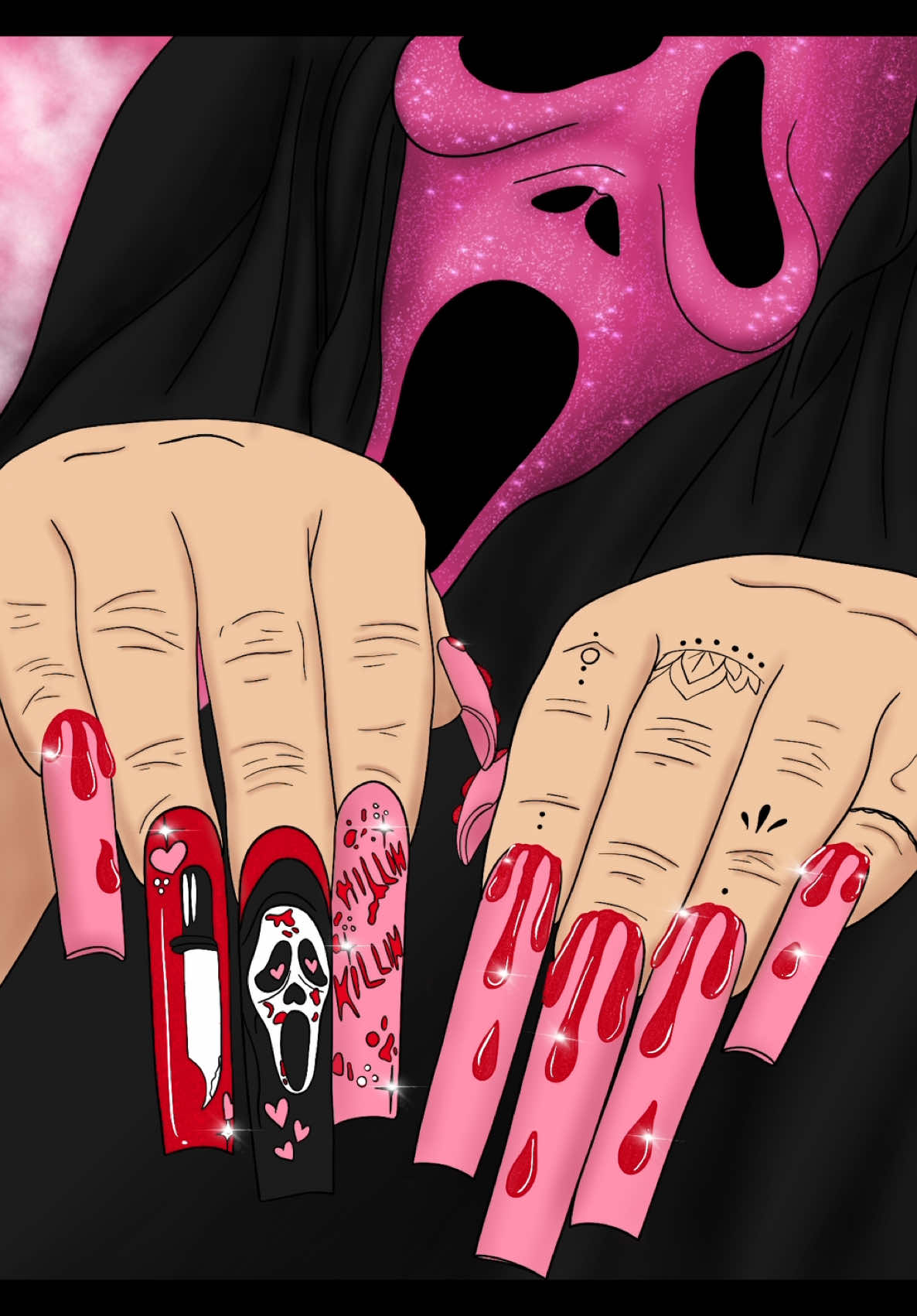 i started this piece a year ago and never got around to finishing it! this is a set by @NAILZ BY DEV | NAIL ARTIST i turned into a digital art piece (not commissioned, hope you like it dev!)  commissions are open however with a couple spaces left for September 🖤🖤🎀🔪
