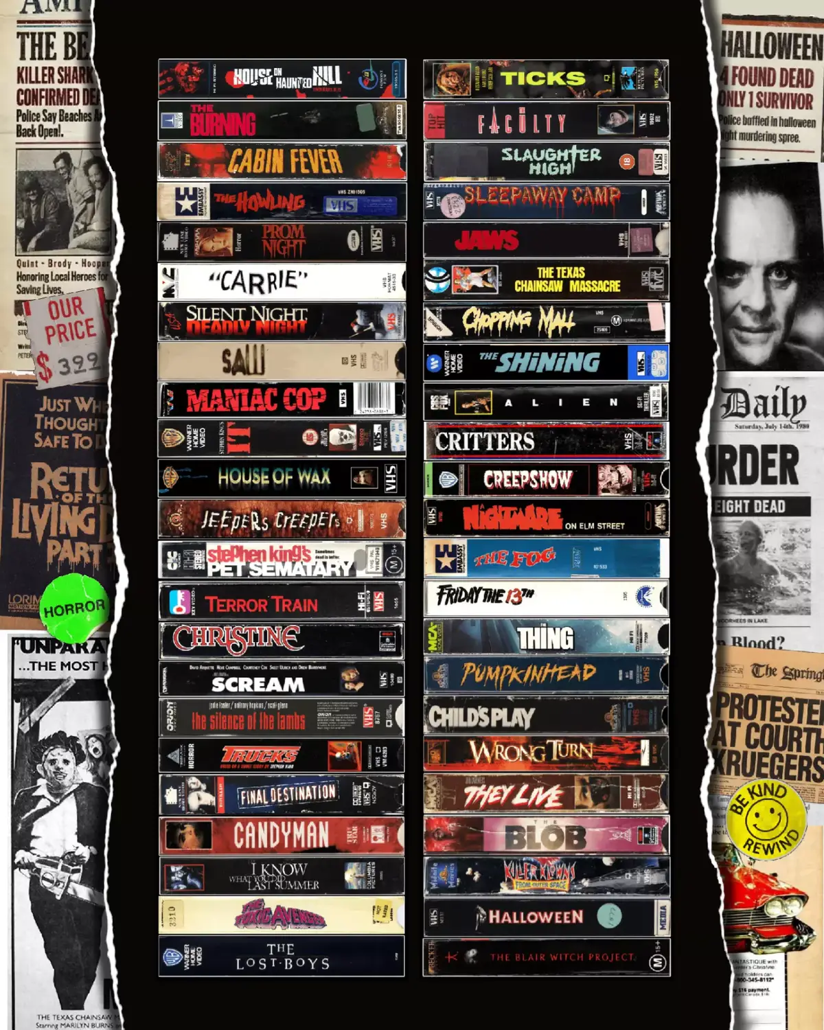 Behold, a colorful movie stack that I photoshopped to frame for my horror wall. 46 of my top favorite horror films from the 1970s to 2000s VHS era. #horror #vhs #slasher #80shorror #movietok 