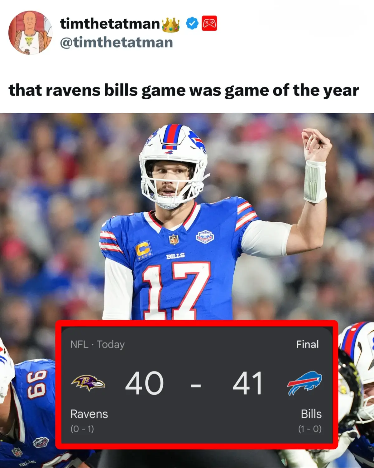 (Via: timthetatman/X, kyriecenterig/X, mysportsupdate/X, whygarth/X) #buffalobills #baltimoreravens #nfl #sundaynightfootball #fantasyfootball 