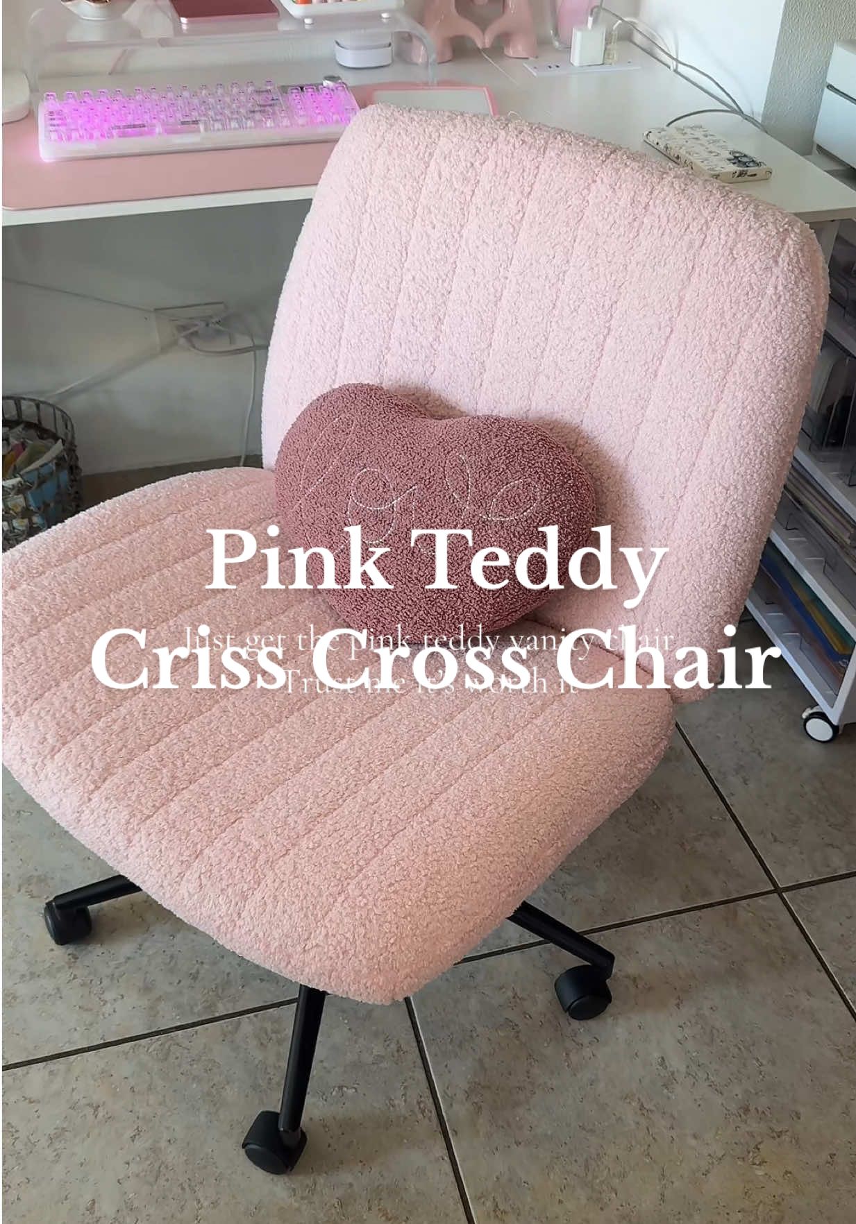She’s back in stock!!! Grab one before it’s gone ! #vanitychair #crisscrosschair #computerchair #pinkchair #viralcrisscrosschair 