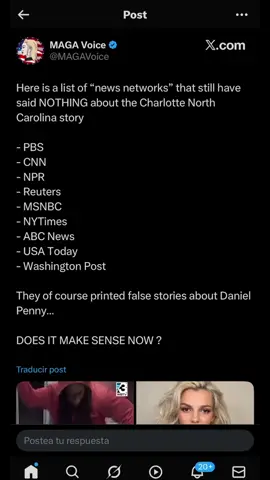 Here is a list of “news networks” that still have said NOTHING about the Charlotte North Carolina story #PBS  #CNN  #NPR  #Reuters - MSNBC #NYTimes - ABC News - USA Today - Washington Post They of course printed false stories about Daniel Penny… DOES IT MAKE SENSE NOW ?