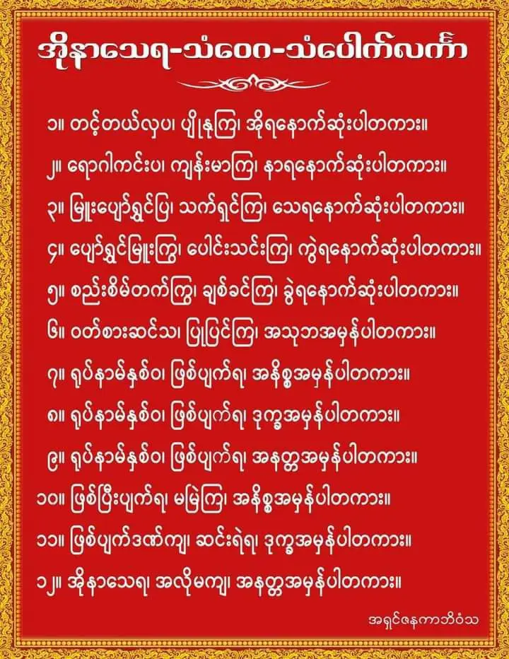 သာသနာအပြား မျိုး ၃-ပါး။ ။ ပါရာဇိကဏ် ။ဋ္ဌ။ ပ-အုပ် ၁၇-နှင့် သုတ်သီလက္ခန် ။ဋ္ဌ။ ၂၀-၌ သာသနာ ၃-ရပ်ကိုပါ အကျယ် ပြထားသည်။ ဆုံးမခြင်းအပြားသုံးပါးဟူ၏၊ ဤကား ခုခေတ်သုံးတည်း။  (၁) ပရိယတ္တိသာသနာ- စာပေပိဋကတ်သင်ကြားမှု၊  (၂) ပဋိပတ္တိ သာသနာ- ကမ္မဋ္ဌာန်းဘာဝနာ အားထုတ်မှု၊  (၃) ပဋိဝေဓ သာသနာ- မဂ် ဖိုလ် နိဗ္ဗာန်တရားမှန်ကို သိမှု။