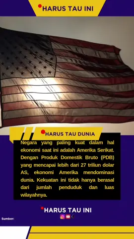 Negara yang paling kuat dalam hal ekonomi saat ini adalah Amerika Serikat. Dengan Produk Domestik Bruto (PDB) yang mencapai lebih dari 27 triliun dolar AS, ekonomi Amerika mendominasi dunia. Kekuatan ini tidak hanya berasal dari jumlah penduduk dan luas wilayahnya, tetapi juga dari inovasi teknologi, kekuatan pasar keuangan di Wall Street, hingga perusahaan raksasa seperti Apple, Microsoft, dan Google yang memimpin tren global. Bahkan dolar AS dijadikan sebagai mata uang cadangan dunia, menjadikan pengaruh Amerika begitu besar dalam perdagangan internasional. Singkatnya, ketika ekonomi Amerika bergerak, dunia pun ikut merasakan dampaknya