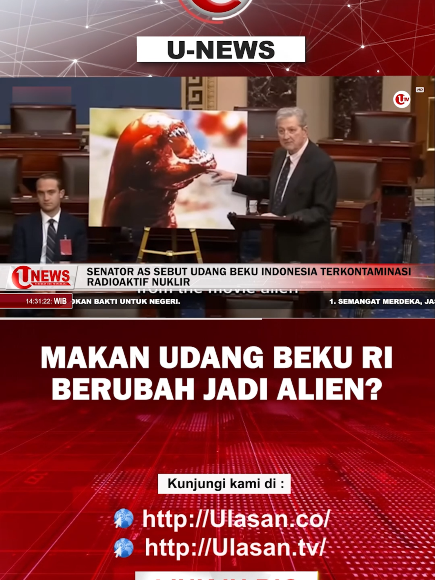 Seorang Senator Amerika Serikat bernama John Kennedy, menyampaikan informasi mengejutkan bahwa udang beku dari Indonesia telah terkontaminasi radioaktif nuklir, sehingga  jika di konsumsi oleh warga Amerika akan mengakibatkan kematian. Selain itu, Senator Partai Republik dari Louisiana Amerika menyebut, mengonsumsi udang beku dari indonesia akan membuat wajah berubah layaknya monster atau alien. Selengkapnya di Youtube Official U TV #ulasannetwork #ulasantv  #senator #udang